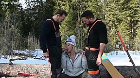 sexy snowboarder brittany bardot takes dp from lumberjacks