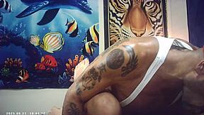 Asian babe rides italian dick backstage in shoot