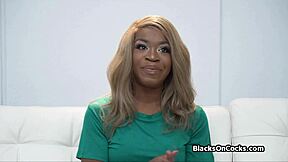 ebony amateur blows a big white dick during her audition