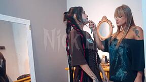Two girls lick each other with smoke
