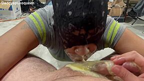 ebony slave pukes orange creamsicle milkshake while doing sloppy rimming on that cock