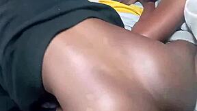 Two ebony babes share one black dude in homemade scene