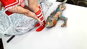 girl with sexy school uniform is dancing without panties striptease with big iguana toy c3