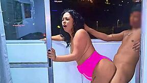 latina slut fucking and sucking cock on a balcony overlooking the public street in medellin a wet blowjob and a frenetic fuck while she is being fucked the cars pass by on the road venezuelan bitch