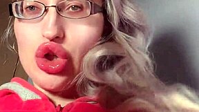 bimbo red lipgloss captivated webcam session with red lips worship
