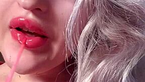 bimbo red lipgloss captivated webcam session with red lips worship