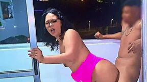 latina slut fucking and sucking cock on a balcony overlooking the public street in medellin a wet blowjob and a frenetic fuck while she is being fucked the cars pass by on the road venezuelan bitch