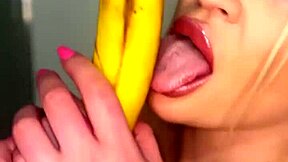 Horny college girl sucks on banana