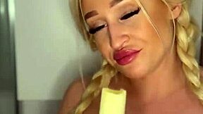 Horny college girl sucks on banana