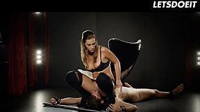 Handcuffed Brunette Squats For Deep Cunt Licking On Bench