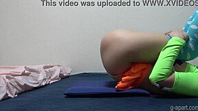 Japanese girl in miniskirt and high socks exercises with her micro thong panties