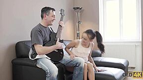Old man fingers and licks young brunette teen before sex