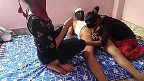 Stepsisters share stepbrother in threesome sex with hardcore riding