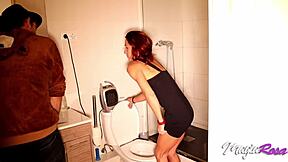 hot girl teases guy in bathroom and blows him