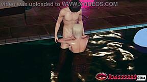 Wet anime girl kurumi strokes big dick in pool
