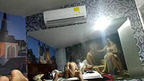 fucking the cheating slut hotwife creampying her pussy and keep fucking while his husband thinks she is at gym