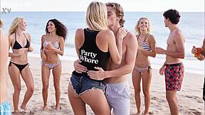 Super blonde babe enjoys beach party action