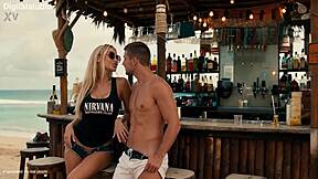 Super blonde babe enjoys beach party action