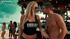 Super blonde babe enjoys beach party action