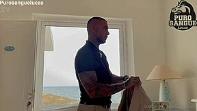 why is this huge muscular boss jerking off in his beachfront villa