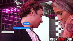 Cuckold husband joins wife and random guy in bar toilet