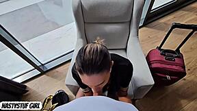 Horny flight attendant wants to relax before flight