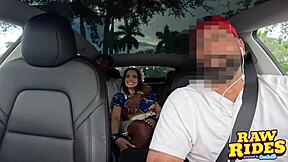 Brunette cutie cosplaying as chun-li fucks a bbc and gets a facial in ride share on her way to comic con