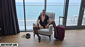 Horny flight attendant wants to relax before flight