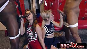 Dumb blonde cheerleader rides her best friend black cock