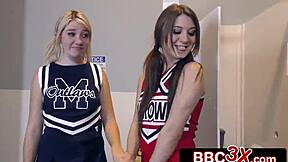 Dumb blonde cheerleader rides her best friend black cock
