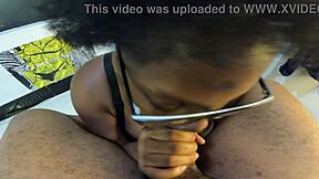 ebony nerd bitch on her knees suck it good for that facial cumload