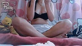 Asian amateur girl is eating food naked at home