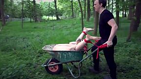 ball gagged big tits blonde gets her cunt smashed with dildo while tied up