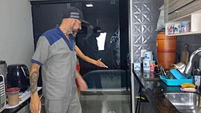 married woman without panties receives plumber and shows off