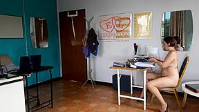 Nudist secretary nude employee in the office with boss