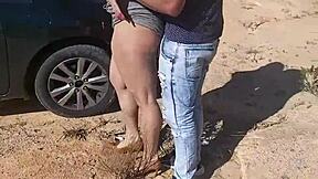 latina with tattoo and big tits asks for help after tire puncture, almost caught in amateur scene