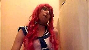 A solo redhead trap jerks off and swallows his own cum.