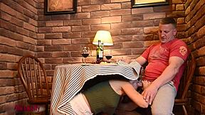 Crazy teen sucks cock under cafe table.