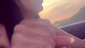 Professional prostitute gives a good blowjob and gets a facial while driving a car