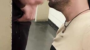 Bisexual guy sucks construction worker's cock in public toilet until he cums milk!
