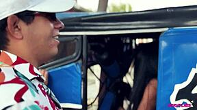 Shaved pussy Latina gets a wild ride in a motorbike taxi