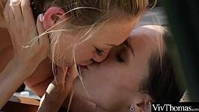 sexy blondes lesbian lover wears buttplug and fucks brunettes tight ass