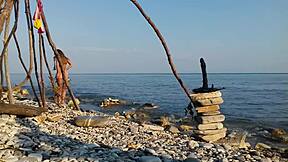 Cosplay Moana XXX nude girl masturbates and fucks dildo outdoors