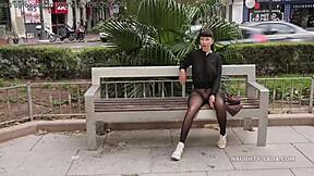 Seamless Pantyhose in Public With No Skirt, This Milf Flashes Boldly. Her See-Through Leggings Tease Everyone Around.