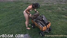 Naked restrained chick gets her wet pussy toy-drilled in bdsm domination scene