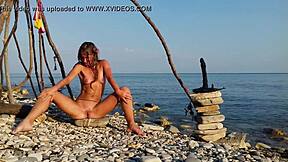 Cosplay Moana XXX nude girl masturbates and fucks dildo outdoors