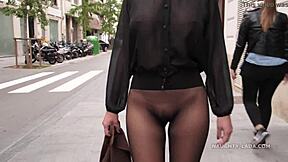 Seamless Pantyhose in Public With No Skirt, This Milf Flashes Boldly. Her See-Through Leggings Tease Everyone Around.