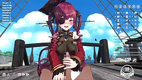 Él dice: Estoy cachondo navegando y quiero follar a la capitana de tetas grandes en este juego