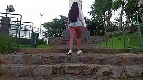 Beautiful breasts woman has sex and exhibitionism in famous tourist spot! Tanned with tan lines!