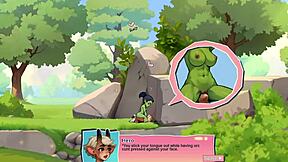 Young female orc face-sits lucky boy in nature game review.